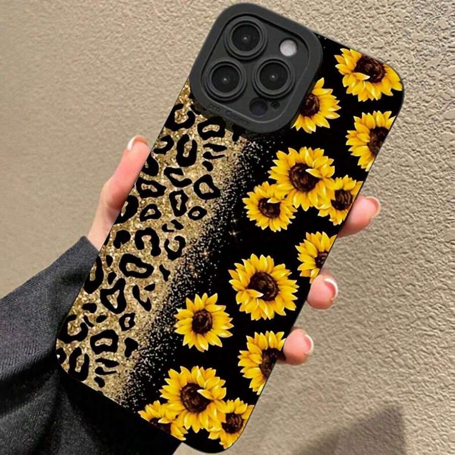 Sunflower & Leopard-Print Pattern Phone Case, Anti-Drop Cellphone Protective Case, Total Protective Shockproof Mobile Phone Cover For IPhone 15 Pro Max 14 13 - Black - View 1