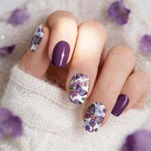 48pcs Medium Square Cute Kawaii Pattern Butterfly & Flower Press On Nails, Sweet Pastel Color Fake Nails, Reusable Stick On False Nails With Jelly Gel, UV Printed Super Value Pack For Women Girls Gift - 淡紫色 - 查看 1