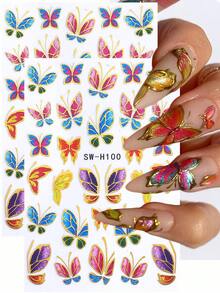 SWEET TREND 3D Metallic Colorful Butterfly Nail Stickers 2pcs Hot Stamping Gold Lines Vibrant Gradient Butterfly Cartoon Animal Design DIY Y2K Holographic Spring Summer Self-Adhesive Gel Polish Salon Manicure Decals Slider Nail Art Decoration - Multicolor - View 2