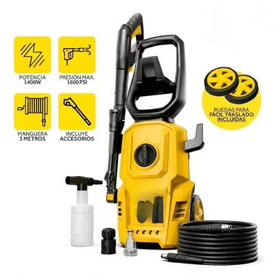 Hidrolavadora Eléctrica Alta Presión 1400W, 1600 PSI, Compacta y Potente, Ideal para Limpieza