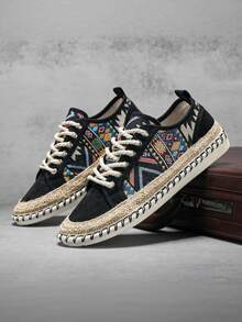 Black Canvas Colorful Printed Pattern Sneakers, Woven Comfortable Non-Slip Soles Fisherman Shoes, Men's Fashion Versatile Casual Loafers For All Seasons - Black - View 1