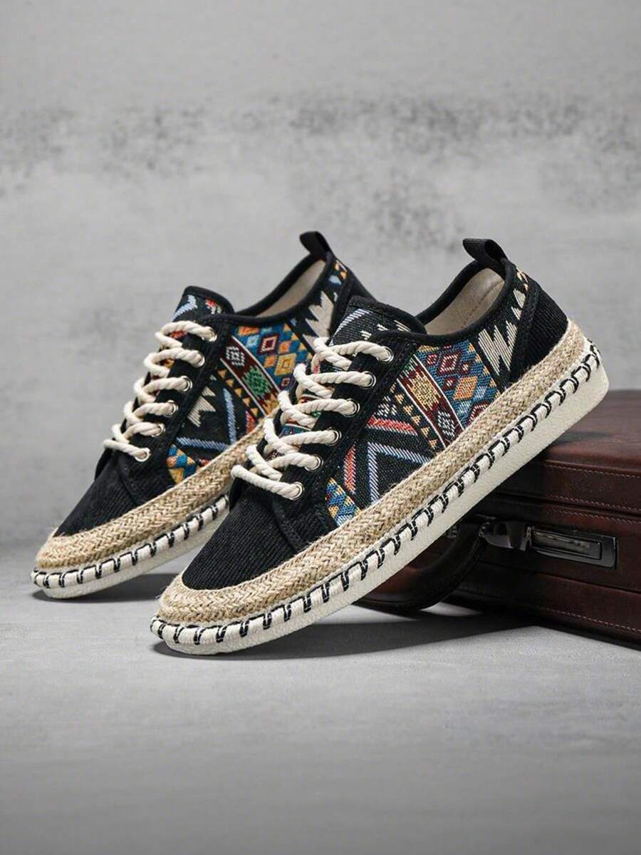 Black Canvas Colorful Printed Pattern Sneakers, Woven Comfortable Non-Slip Soles Fisherman Shoes, Men's Fashion Versatile Casual Loafers For All Seasons - Black - View 1