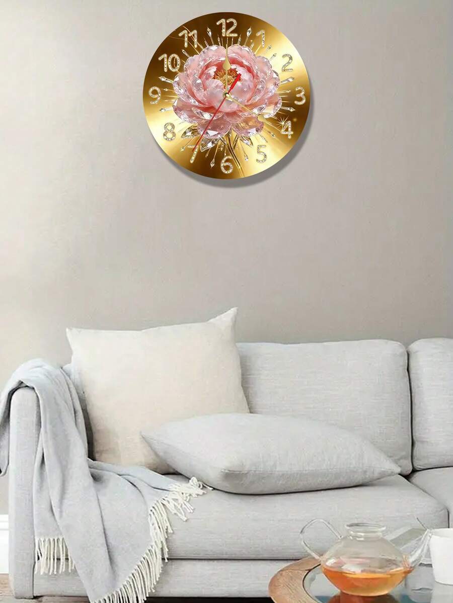 1 chiếc đồng hồ treo tường tròn 2D hình hoa hồng đính kim cương màu hồng | Đồng hồ gỗ tròn 10/12 inch, hoạt động êm ái, chạy bằng pin, thích hợp cho thiền định, phòng khách, phòng ngủ và phòng ăn - Không bao gồm pin AA. - Nhiều màu - Xem 1