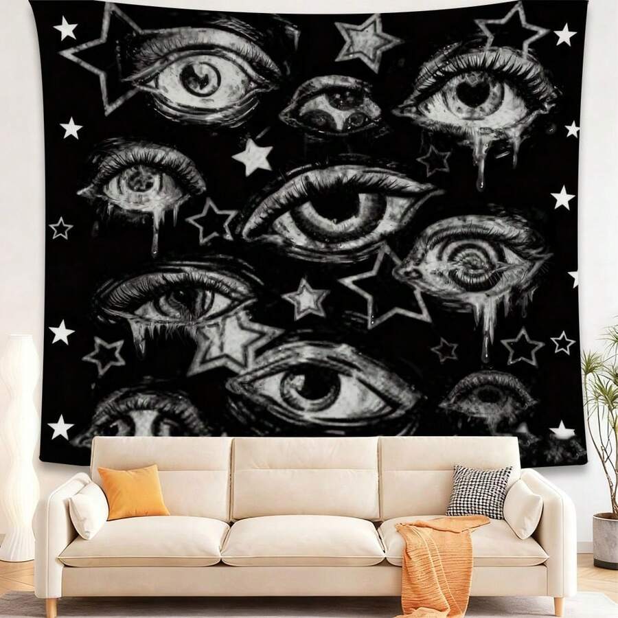 1pc Eyes Stars In The Dark Wall Tapestry - Oversized Night Sky Theme With Twinkling Stars & Large Eyes, Horizontal Wall Hanging For Large Walls In Living Room, Bedroom, Hallway - Bohemian Celestial Decor, Durable Fabric, - White - View 1