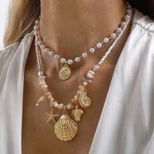 Mydear Bộ 2 vòng cổ hạt cườm nhiều lớp phong cách Bohemian với mặt dây chuyền hình sao biển, vỏ sò, ốc xà cừ, thích hợp cho phụ nữ đeo hàng ngày và đi nghỉ mát ở bãi biển. - Nhiều mặt dây chuyền - Xem 5