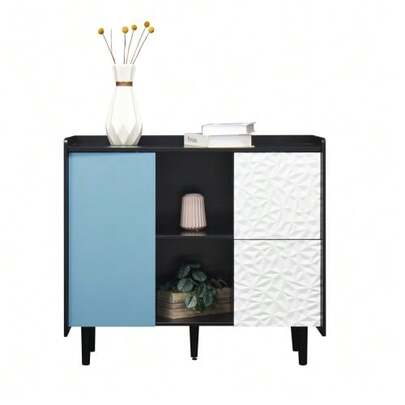 Sideboard/Display Cabinet, Black Furniture With Blue Doors, 2 Drawers With Single Panel And 2 Open Storage Compartments, Modern Furniture For Coffee Bar, Auxiliary Furniture For Kitchen, Dining Room.