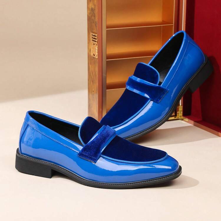 Men's Patent Velvet Patchwork Loafers Slip On Square Toe Low Top Business Dress Shoes Blue Colors - Royal Blue - View 4