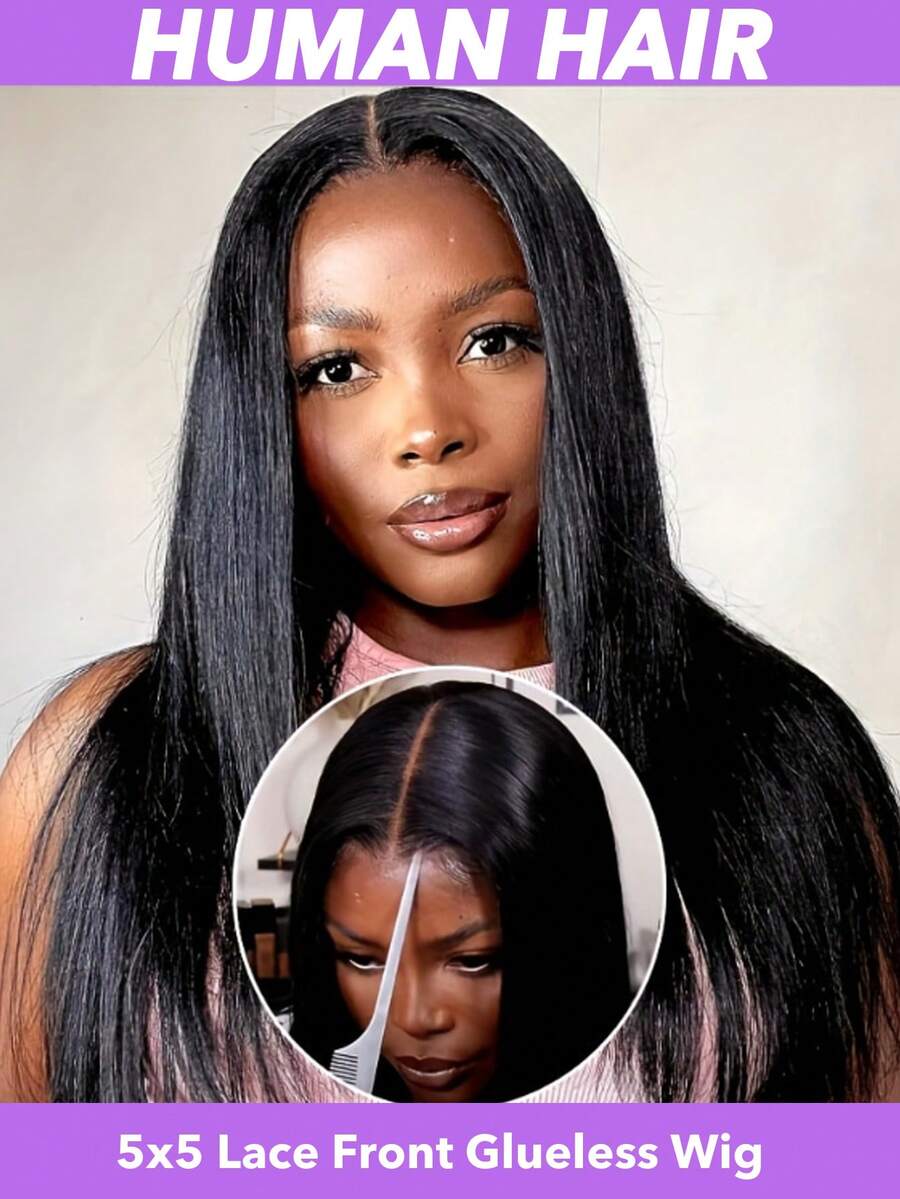 5x5 透明闭合式假发，即戴即用，无需胶水，预先拔毛，预先剪裁，蕾丝闭合式假发，180 密度，直发，真人发，5x5 透明蕾丝前假发，真人发，超柔软（8-30 英寸），自然黑 - Natural Black - 查看 1