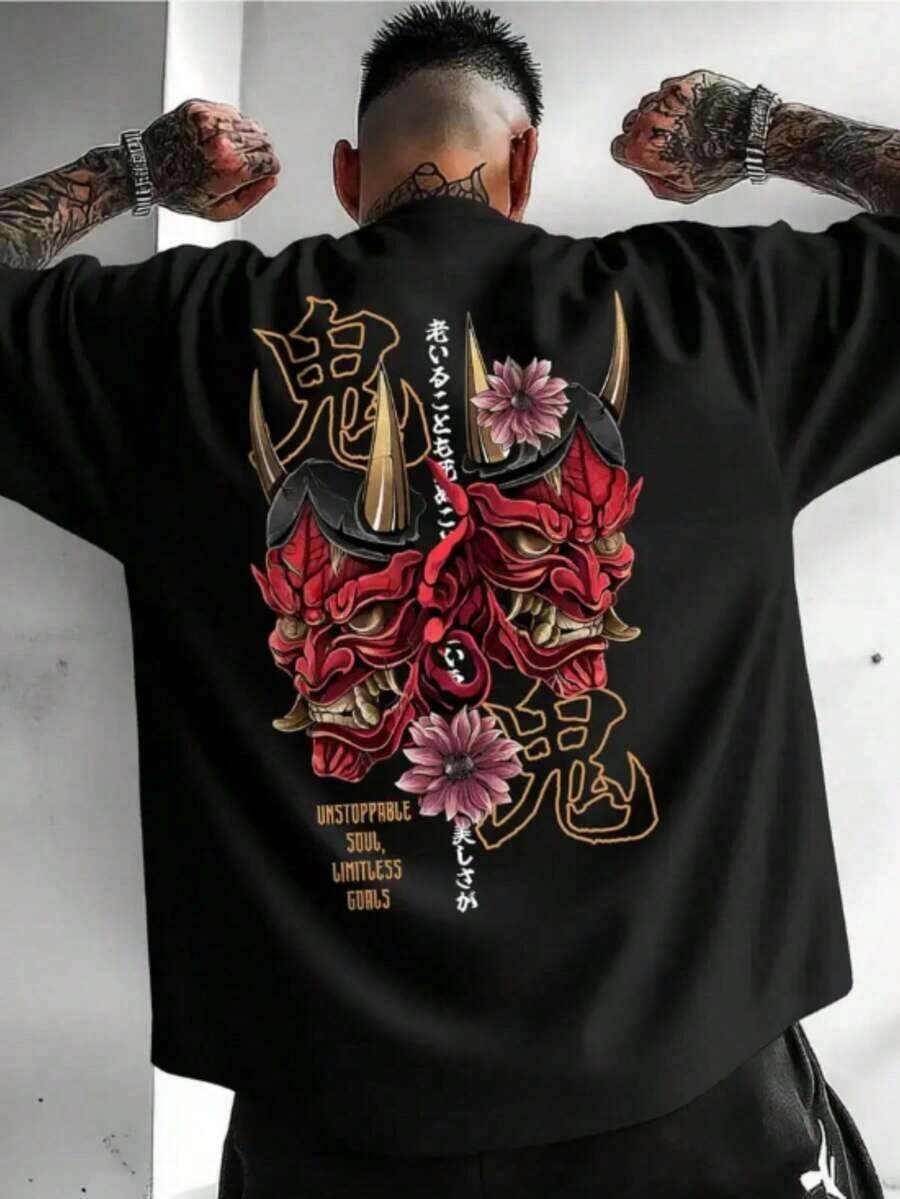 Camiseta de máscara de Oni para hombre - Camiseta blanca de manga corta y cuello redondo con estampado de demonio rojo y dorado y texto kanji - Ropa informal de verano, estilo anime y manga, lavable a máquina, regalo, camiseta gráfica para amantes del streetwear, ajuste cómodo - Negro - Ver 1