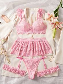5pcs/Set Sexy Lace Floral Underwire Lingerie Set, Includes Bra, Garter Belt, Sheer See-Through Bralette, Fashionable French Style, Ideal For Valentine's Day - Pink - View 3