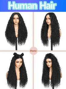 长款波浪卷发蕾丝前假发，真人发丝，4x4高清透明蕾丝，水波纹免胶假发，150%密度，湿润波浪卷发蕾丝前假发，适合女性日常佩戴 - Natural Black - 查看 2