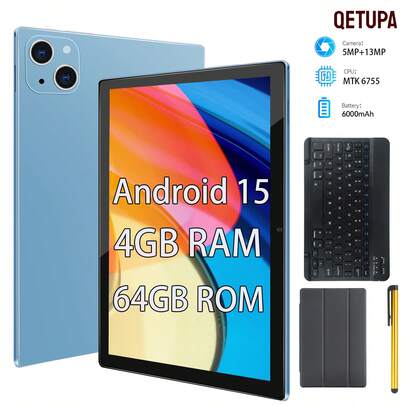 Qetupa 10.1-Inch M19 Android 15 Tablet PC, 4GB RAM + 64GB/128GB ROM, MTK 6755 Quad-Core 1.8GHz Processor, HD (1280x800) IPS Touchscreen, Bluetooth 5.2 & 802.11ax WiFi 6, GPS, 5MP Front Camera & 13MP Rear Camera, 6000mAh Large Battery, Best Gift For Christmas And Birthday, No SIM Card Support, Includes Protective Case, Keyboard And Stylus