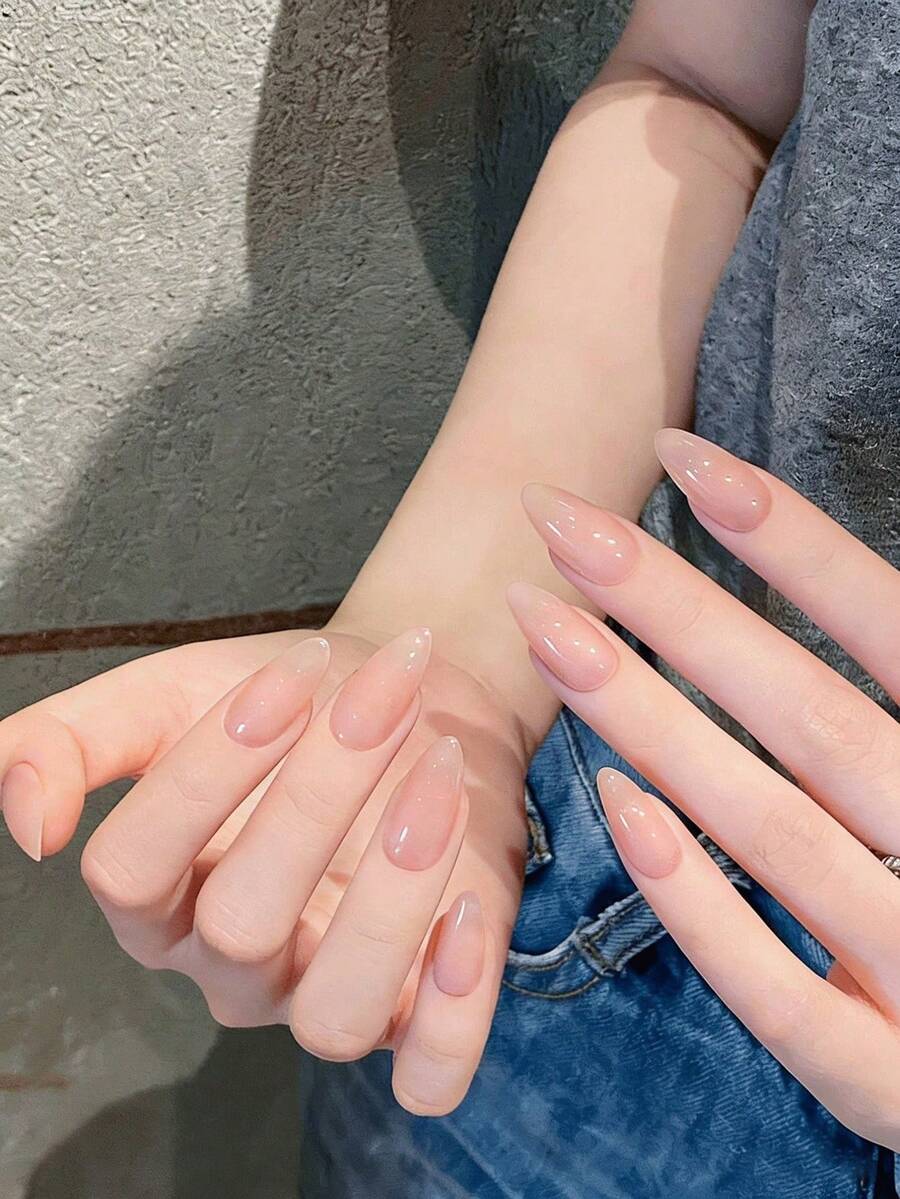 浪漫之选！10片杏仁形XS-M中长款简约裸色长款按压式美甲贴片，全覆盖手工制作，适合女性和女孩美甲用品。 - 藕粉色 - 查看 1