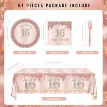 D16th Birthday Decorations For Girls61Pcs Rose Gold Sweet 16 Plates And Napkins Tablecloth Forks Happy 16th Birthday Plates For Sweet 16 Birthday Decorations Tableware Serves 20 - Rose Gold - View 4