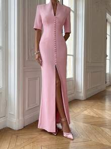 Elegant V-Neck Button Front Slit Dress, Casual Commuting Business Workwear Dress For Women, Pink Summer - Pink - View 4