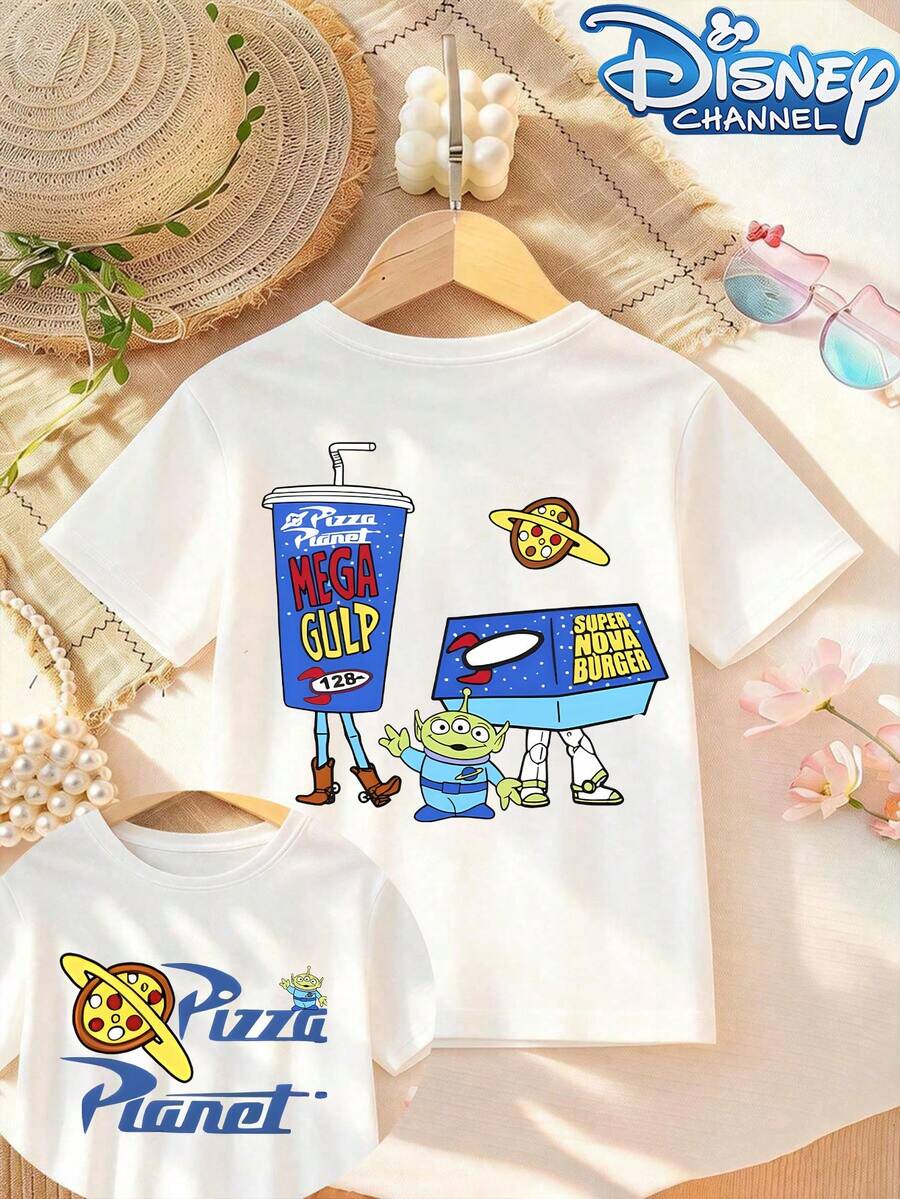 Disney-Licensed Casual And Simple Crew Neck Short-Sleeve T-Shirt Features A Toy Story Pizza Planet Character Pattern, Designed Specifically For Infants And Toddlers, Suitable For Both Boys And Girls, Making It An Ideal Choice For Summer Wear. - White - View 1