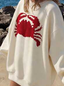 Women's Spring Outfit, Summer Clothing, Women's Vacation Wear, Simple Crab Print Crew Neck Sweatshirt For Summer Beach Casual, Minimalist Style, Suitable For Spring, Summer, Autumn Outdoor Leisure Wear - Apricot - View 3