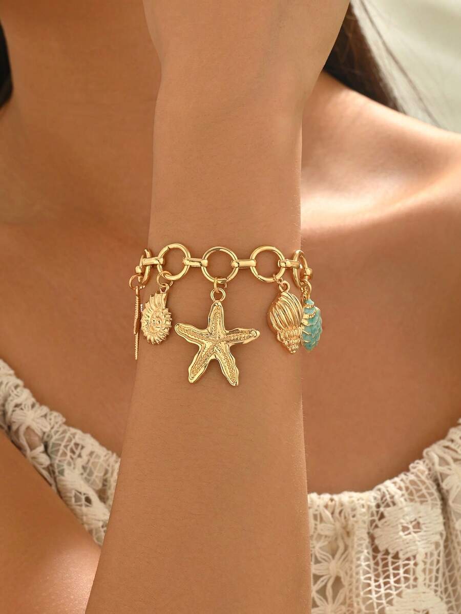 1 pieza Pulsera de joyería de estilo océano con colgante de estrella de mar y concha, de color dorado, versátil para uso diario, viajes a la playa y citas, para mujeres - Multicolor - Ver 1