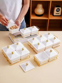 1 Set Square Plate Snack Dish On Gold Tray, Tray Set For Snacks, Candy, Dried Fruit, Cookies, Suitable For Holidays, Celebrations, Weddings, Parties - White - View 2