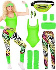 80s Costume Set With Accessories For Girls, 80s Costume For Women, 1980s Party Set With Headband, Earrings, Leg Warmers For 1980s Retro Parties, Bachelorette Parties, Ladies' Parties - Green - View 1