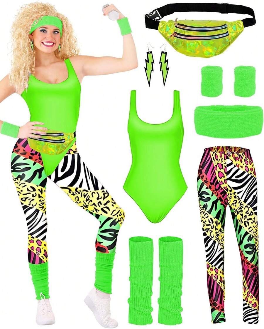 80s Costume Set With Accessories For Girls, 80s Costume For Women, 1980s Party Set With Headband, Earrings, Leg Warmers For 1980s Retro Parties, Bachelorette Parties, Ladies' Parties - Green - View 1