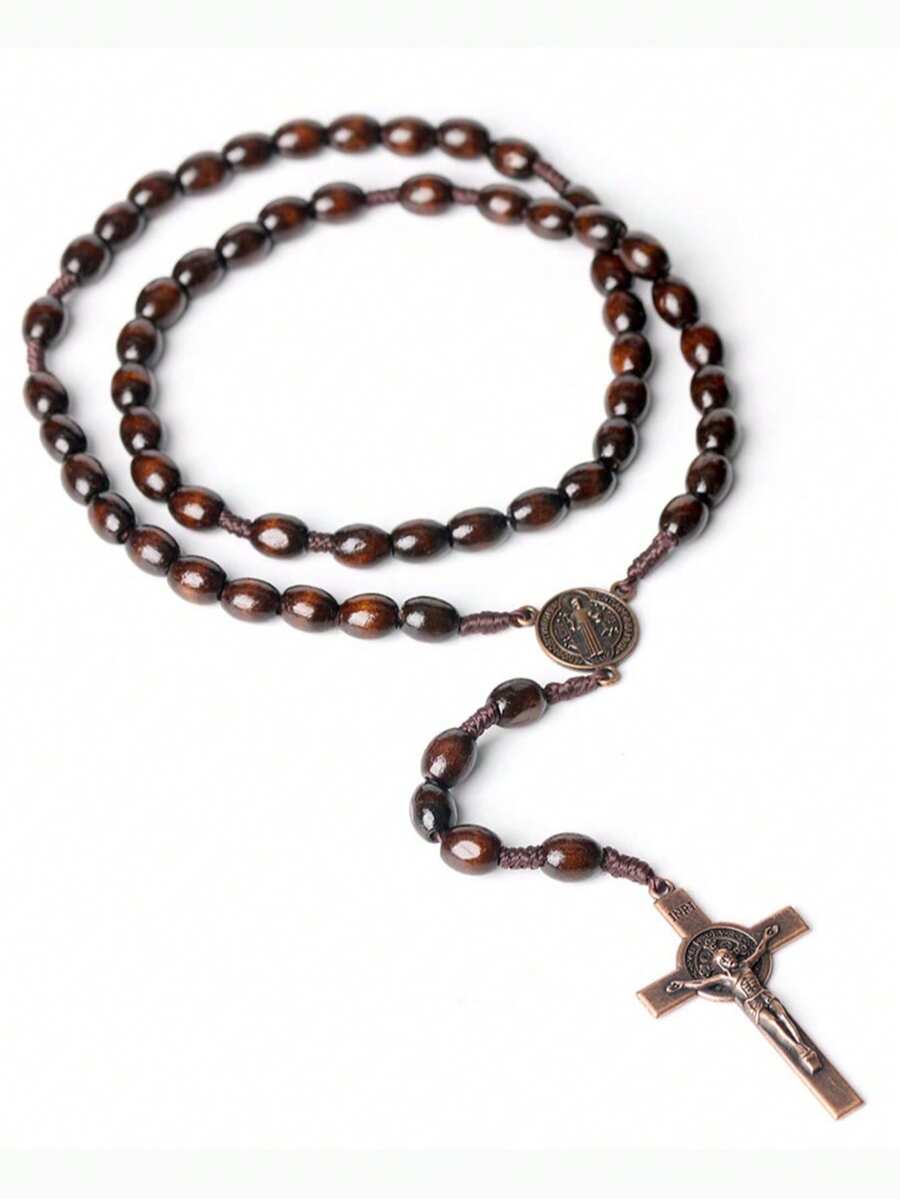 1件手工椭圆形木珠INRI十字架念珠项链，洗礼节日礼物，圣母玛利亚耶稣十字架吊坠 - 咖啡棕 - 查看 1
