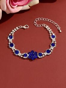 1pc Luxury Stackable Rhinestone Flower Chain Bracelet, Adjustable Copper Material, Suitable For Weddings, Galas, Beach Parties, Valentine's Day, Anniversaries - Blue - View 2