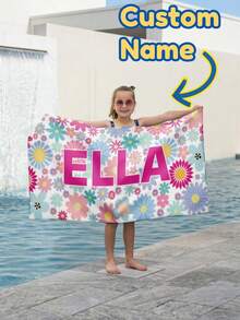 1 pieza Toalla de playa personalizada con nombre, Toalla de piscina infantil con diseño floral lindo y personalizado, Microfibra de secado rápido, Regalo para niños - Multicolor - Ver 1