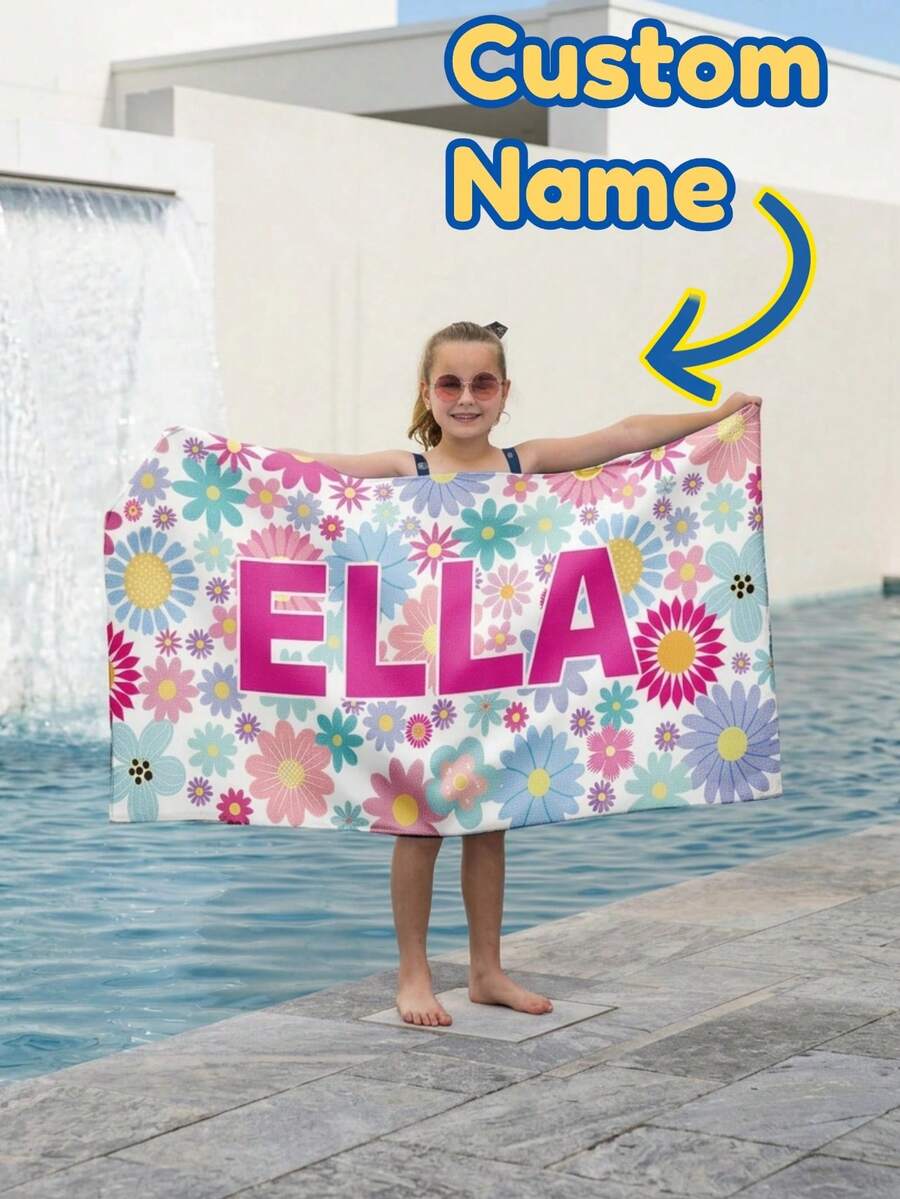 1 pieza Toalla de playa personalizada con nombre, Toalla de piscina infantil con diseño floral lindo y personalizado, Microfibra de secado rápido, Regalo para niños - Multicolor - Ver 1