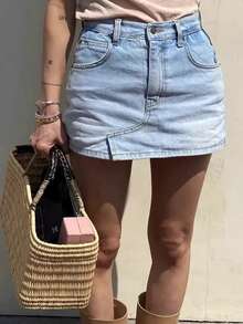 Minifalda vaquera de línea A con forro antidestellos, de estilo casual de verano - Azul claro - Ver 3