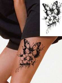 1 pieza Tatuaje temporal de mariposa y flor de moda, pegatina de tatuaje de papel, tatuaje falso multiusos para el Body apto para brazos, pecho, abdomen y espalda - , fácil de aplicar y retirar - Negro - Ver 2