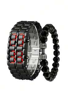 2pcs/Set Fashionable New Business Men's Stainless Steel Band LED Electronic Watch, Suitable For Daily Decoration - Black - View 1