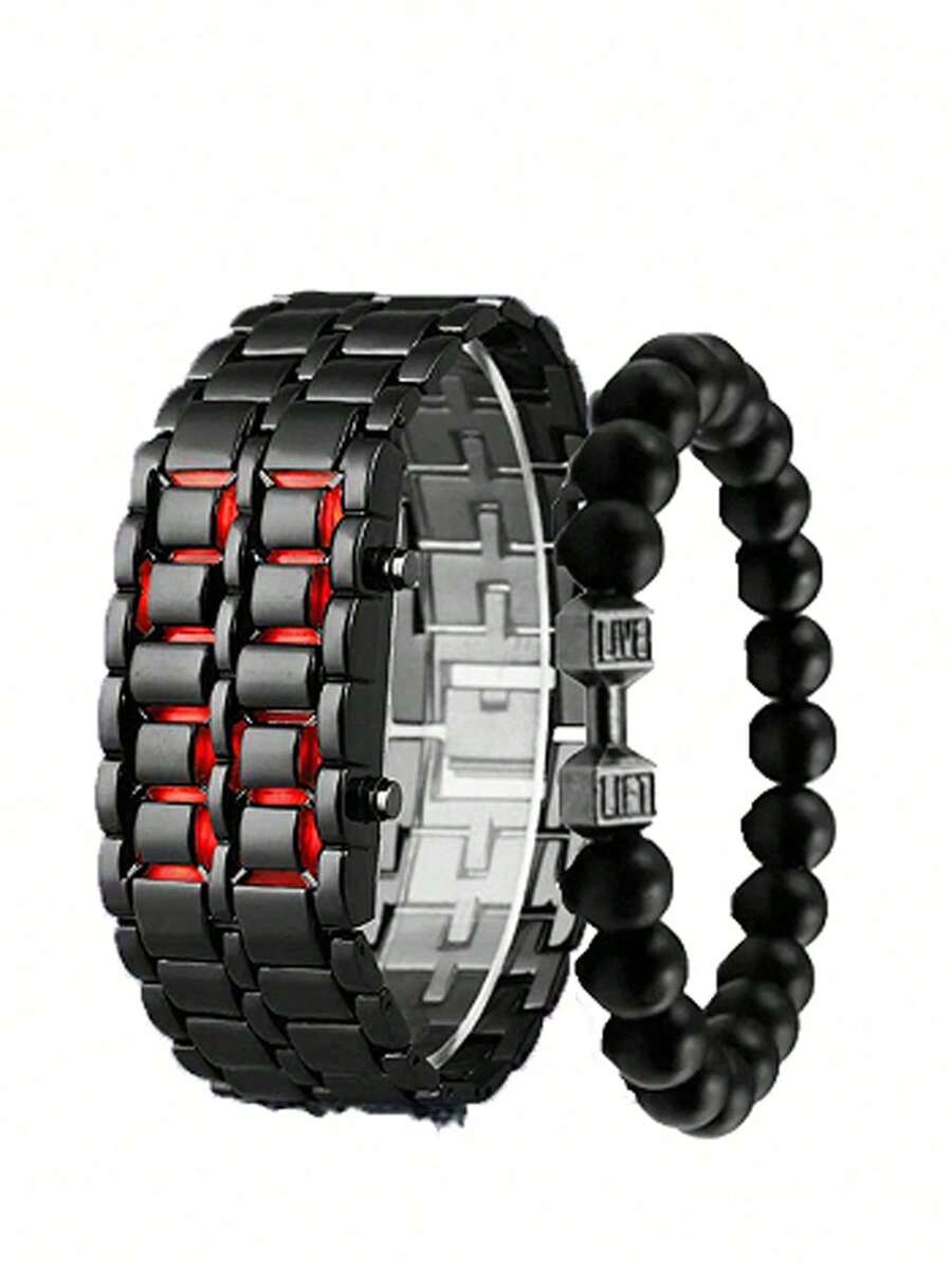 2pcs/Set Fashionable New Business Men's Stainless Steel Band LED Electronic Watch, Suitable For Daily Decoration - Black - View 1