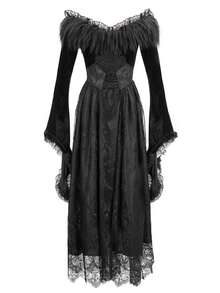 Đầm ren bồng bềnh trễ vai kiểu Gothic, đầm dài cổ điển sang trọng ôm eo kiểu retro. - màu đen - Xem 9