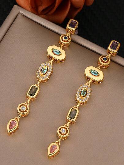 Bông tai dáng dài đính đá Zirconium thời trang với vẻ quyến rũ cổ điển - Bông tai đính đá dành cho nữ