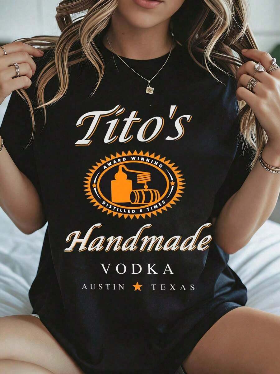 1 Summer T-Shirt With Tito's Handmade Vodka Logo Print, Austin, Texas, Black Casual Wear For Women, Summer Season, 180g, 100% Cotton. - 黑色 - 查看 1