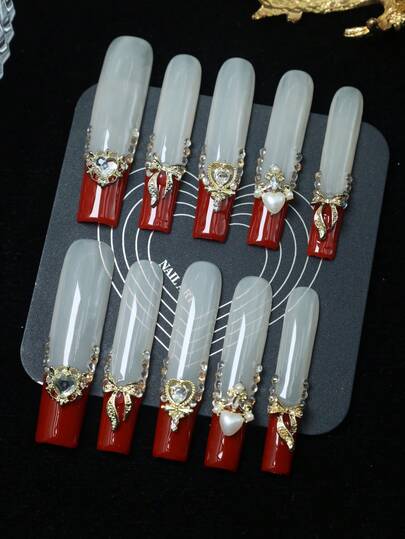 CrystalHola Handmade Coffin-Shaped Nails, Y2K Style Nails, Spring/Summer, Red & Nude Color With Rhinestones, Hearts, Bows, Pearls, French Tip Nail, Pure Handmade Nails. Suitable For Women And Girls. 10 Pieces/Set, 4 Sizes. Fits Parties, Weddings, And Daily Wear. Great Gift For Ladies' Nail Supplies.