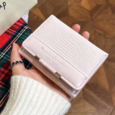 Korean Style Crocodile Embossed Short Wallet, Girl Design, Multi-Functional Card Holder & Coin Purse
