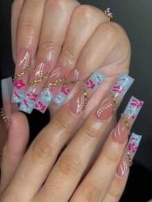 24pcs Coffin Shaped Rhinestone Decorated French Manicure False Nails Set, Includes 1 Pair Of Double-Sided Adhesive And 1 Nail File - Multicolor - View 7