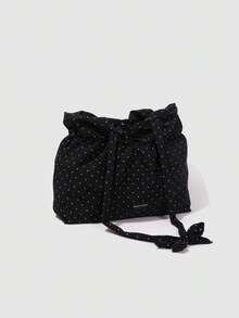 Dedoo Bolso de lona con lunares, bolso de hombro plegable de gran capacidad, adecuado para estudiantes, diseño de cordón con nubes arrugadas, estilo coreano - Negro - Ver 5