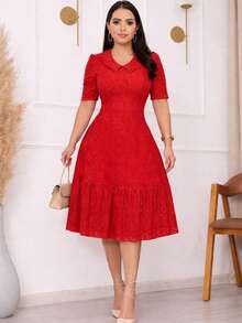 Conservative / Modest Elegant Casual Party Vintage Knit Fabric High In The Front And Low In The Back Wedding Bachelorette Party Tea Party Evening - Red - View 6
