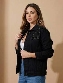 pthirillo Women's Black Denim Jacket, Maxi Oversized, 100% Cotton, Long Sleeve, Premium Style | Basic Or With Rhinestones, Party/Evening Look - Fees and Rhinestones Up - View 6