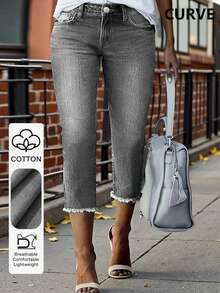 Jeans de talla grande cómodos y entallados hasta la pantorrilla con bolsillos, cierre de cremallera y botón, casuales para primavera - Gris Claro - Ver 3