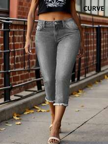 Jeans de talla grande cómodos y entallados hasta la pantorrilla con bolsillos, cierre de cremallera y botón, casuales para primavera - Gris Claro - Ver 5