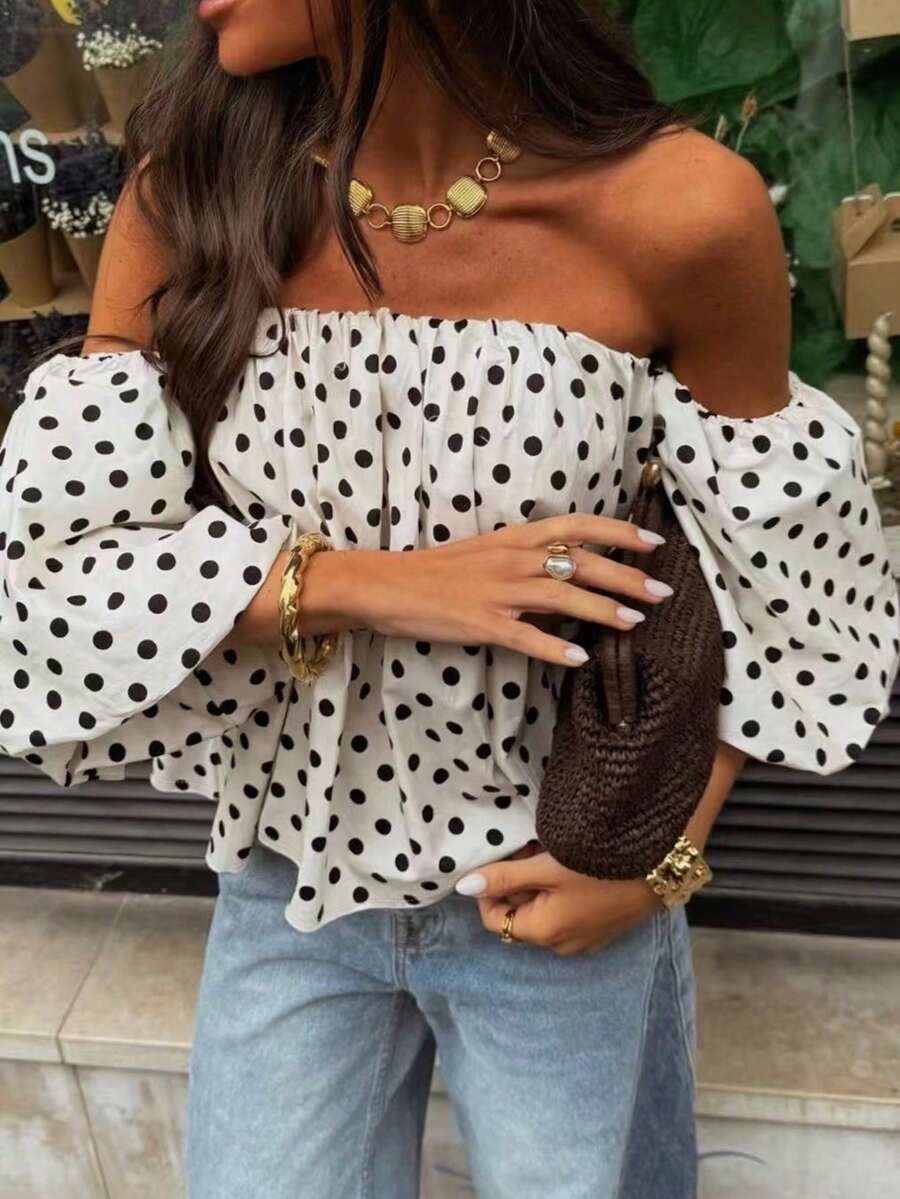 Women's Casual Retro High-End Mori Style Loose Off Shoulder Round Dot Contrast Color Shirt, Suitable For Home And Daily Wear Vacation White Summer - White - View 1