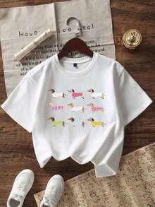 Tween Girl Casual Graphic Print Crew Neck Short Sleeve T-Shirt, Summer TopLong Sleeve T-Shirt, Spring Layering, Casual Tops, Basic Tee, Unisex, Couple Matching, Men & Women - White - View 1