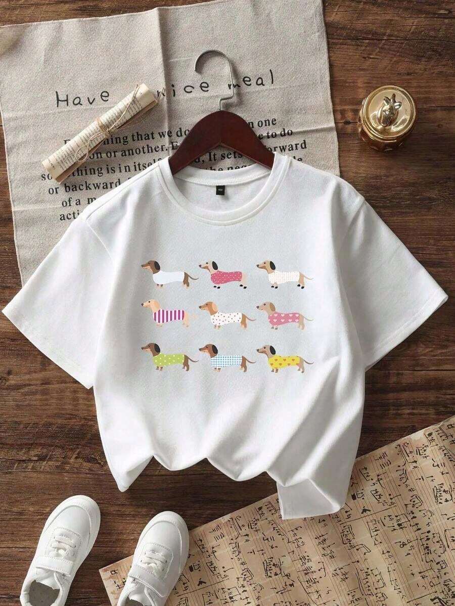 Tween Girl Casual Graphic Print Crew Neck Short Sleeve T-Shirt, Summer TopLong Sleeve T-Shirt, Spring Layering, Casual Tops, Basic Tee, Unisex, Couple Matching, Men & Women - White - View 1
