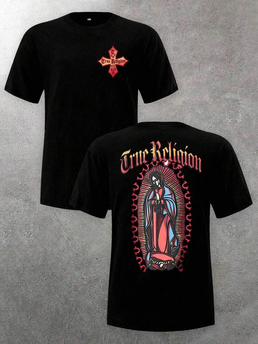 (230g 100% Cotton T-Shirt) Classic True Religions Virgin Mary Graphic Men's 230g Combed Cotton T-Shirt, Street Short-Sleeve Top, American Chicano Tattoo Style Apparel, Spring Summer Crew Neck Top, Suitable For Summer Daily Casual Wear - màu đen - Xem 1