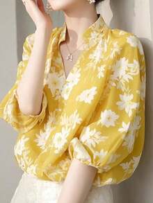 女士春夏服装，法式优雅印花圆领衬衫，休闲宽松短袖雪纺衬衫，时尚黄色碎花图案衬衫，精美女士上衣，奢华休闲优雅女式衬衫，适合购物和旅行度假 - 黃色 - 查看 8