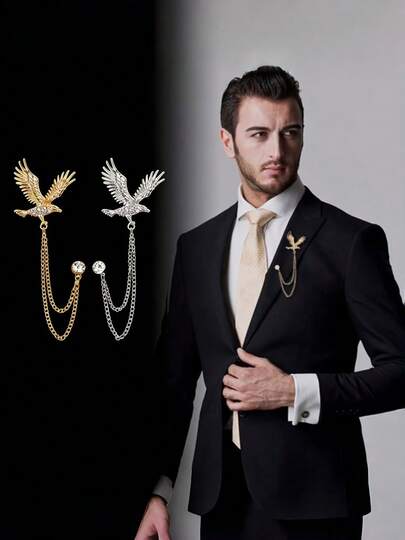 1pc Stunning Eagle Brooch | Luxury Gold & Silver Tone Lapel Pin Chain Accessory | Versatile For Suit, Shirt, Tie, Hat | Gentleman's Formal Jewelry | Perfect Gift & Fashion Statement